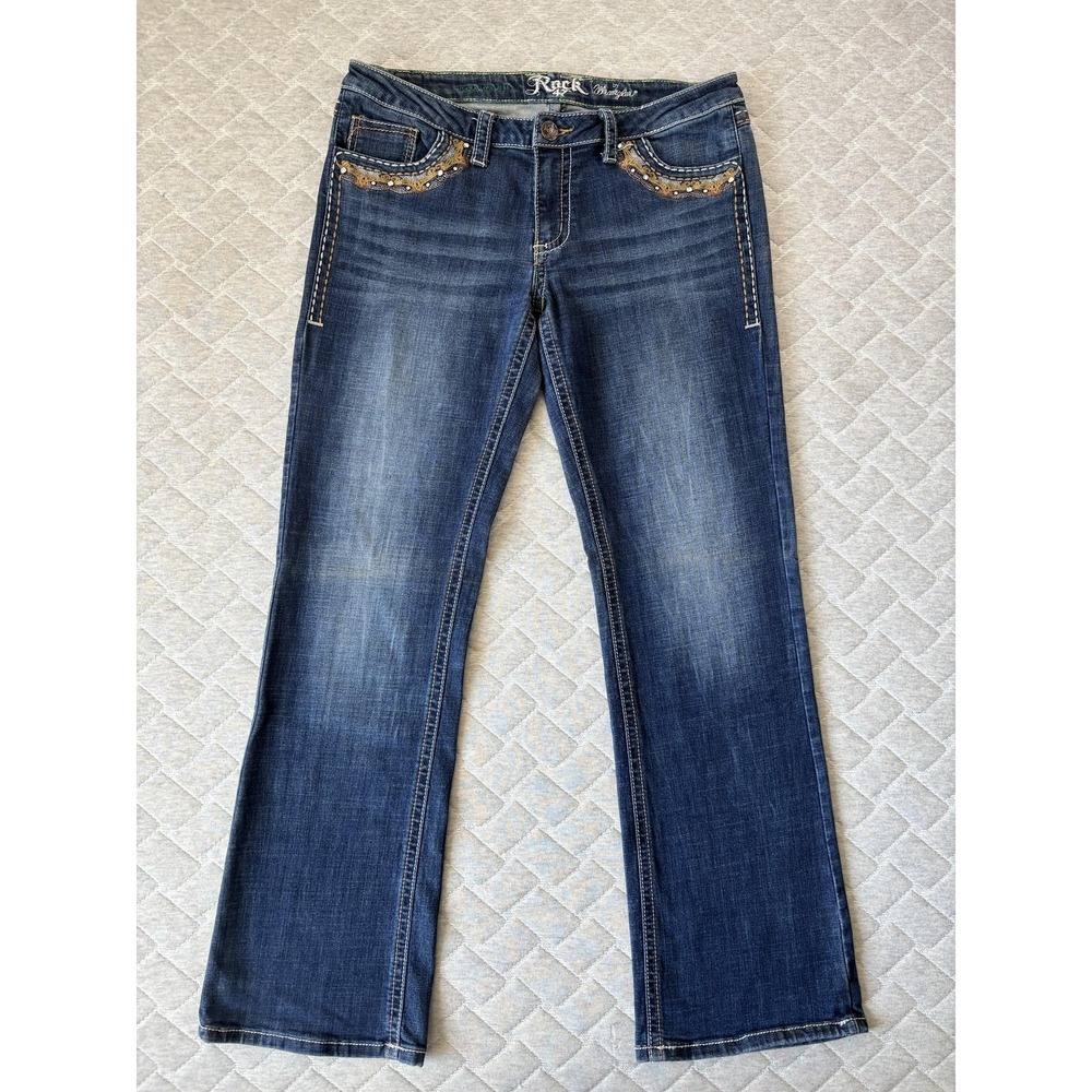 Rock 47 By Wrangler Jeans Womens 30/32 Blue Ultra Low Rise Bootcut Embroidered